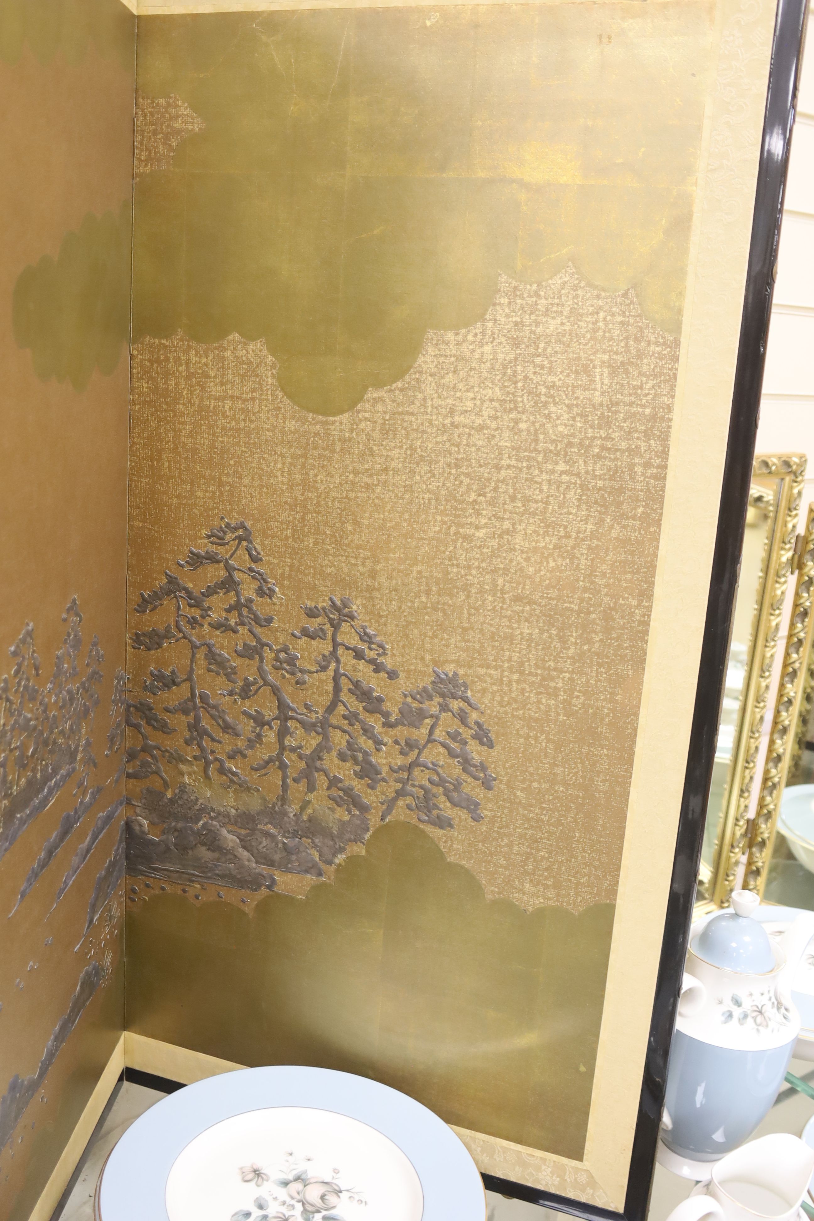 A Japanese four-fold screen, gold ground,